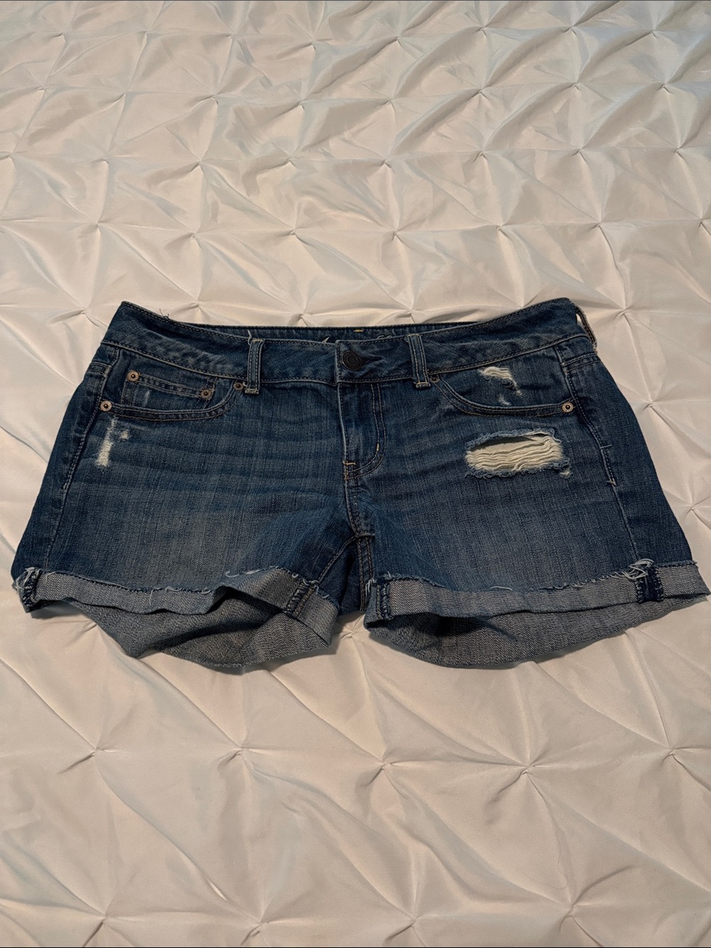 American Eagle Outfitters Dark Blue Distressed Roll-Hem Jean Shorts